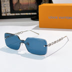 Blue square sunglasses with silver chain detail and slim silver temples