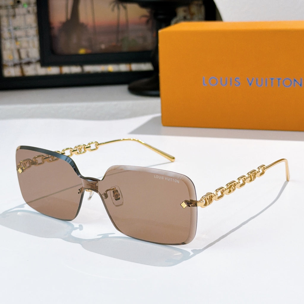Champagne-brown square sunglasses with gold chain detail and thin gold temples