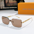 Champagne-brown square sunglasses with gold chain detail and thin gold temples
