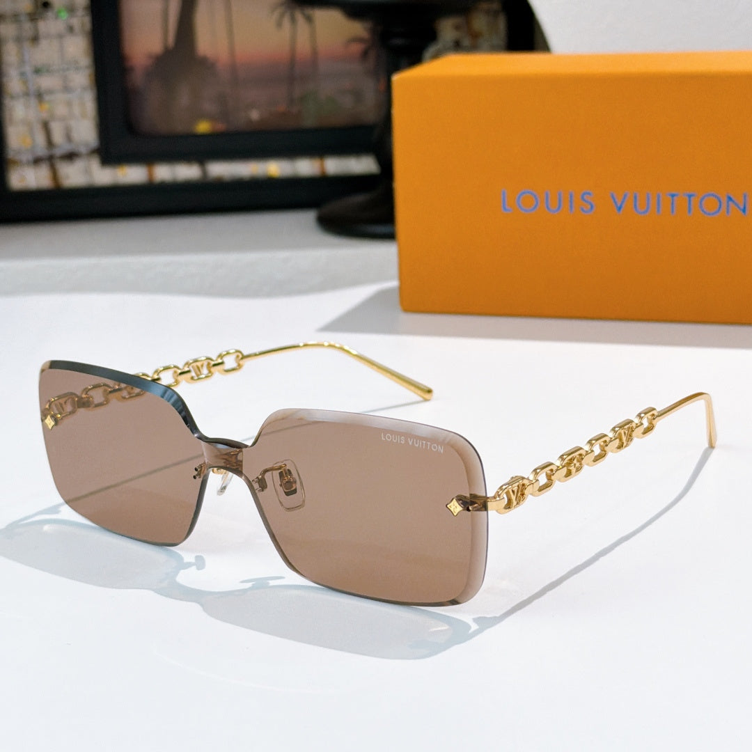 Champagne-brown square sunglasses with gold chain detail and thin gold temples