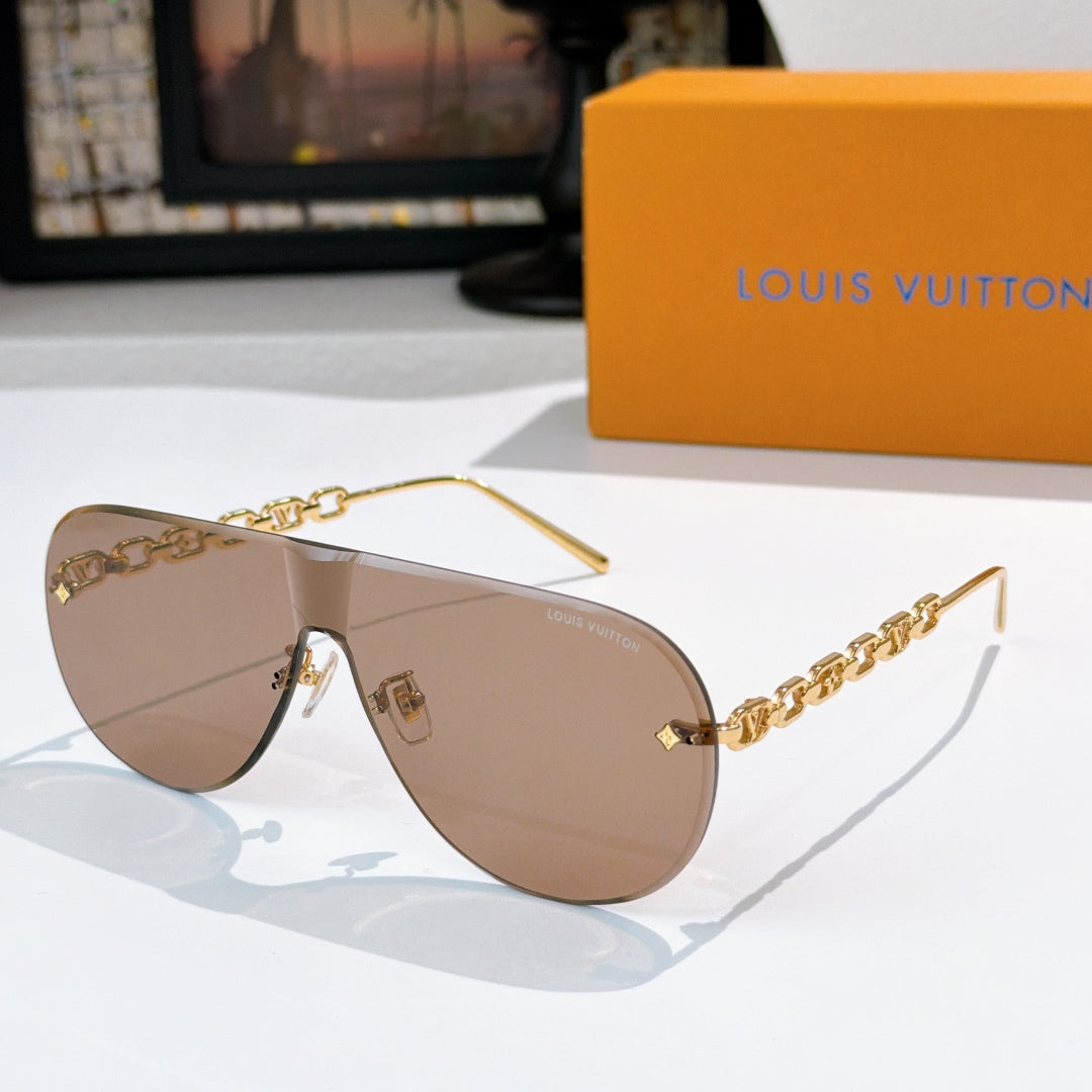 Louis Vuitton sunglasses with brown mirrored lenses and gold chain arms