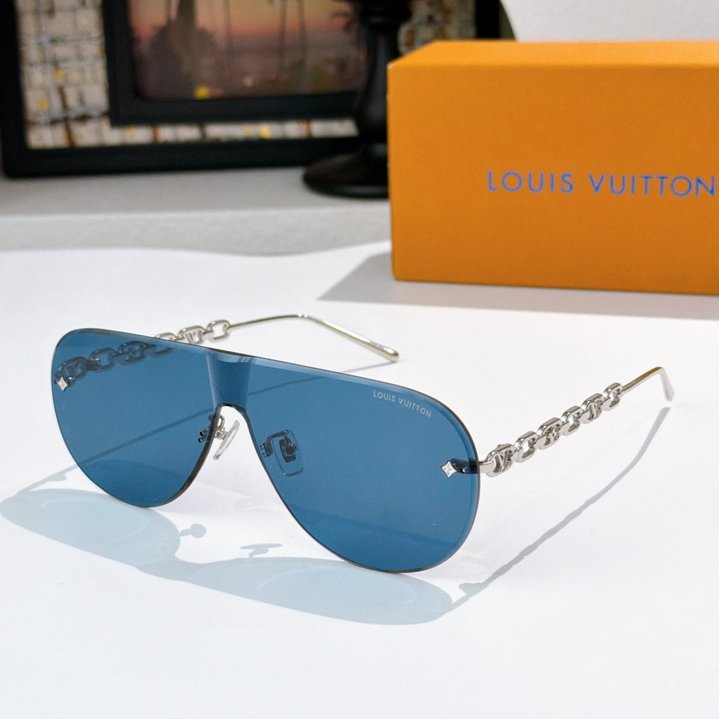 Louis Vuitton sunglasses with blue lenses and gold chain arms