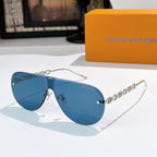 Louis Vuitton sunglasses with blue lenses and gold chain arms