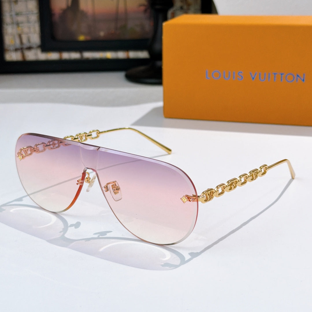 Louis Vuitton sunglasses with pink tinted lenses and gold chain detail