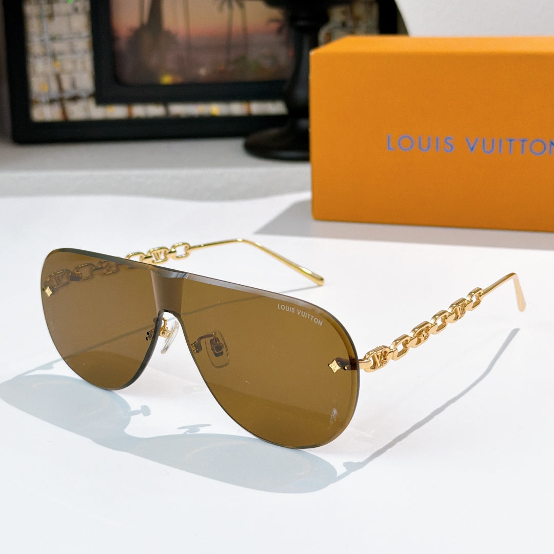 Louis Vuitton sunglasses with brown lenses and gold chain arms