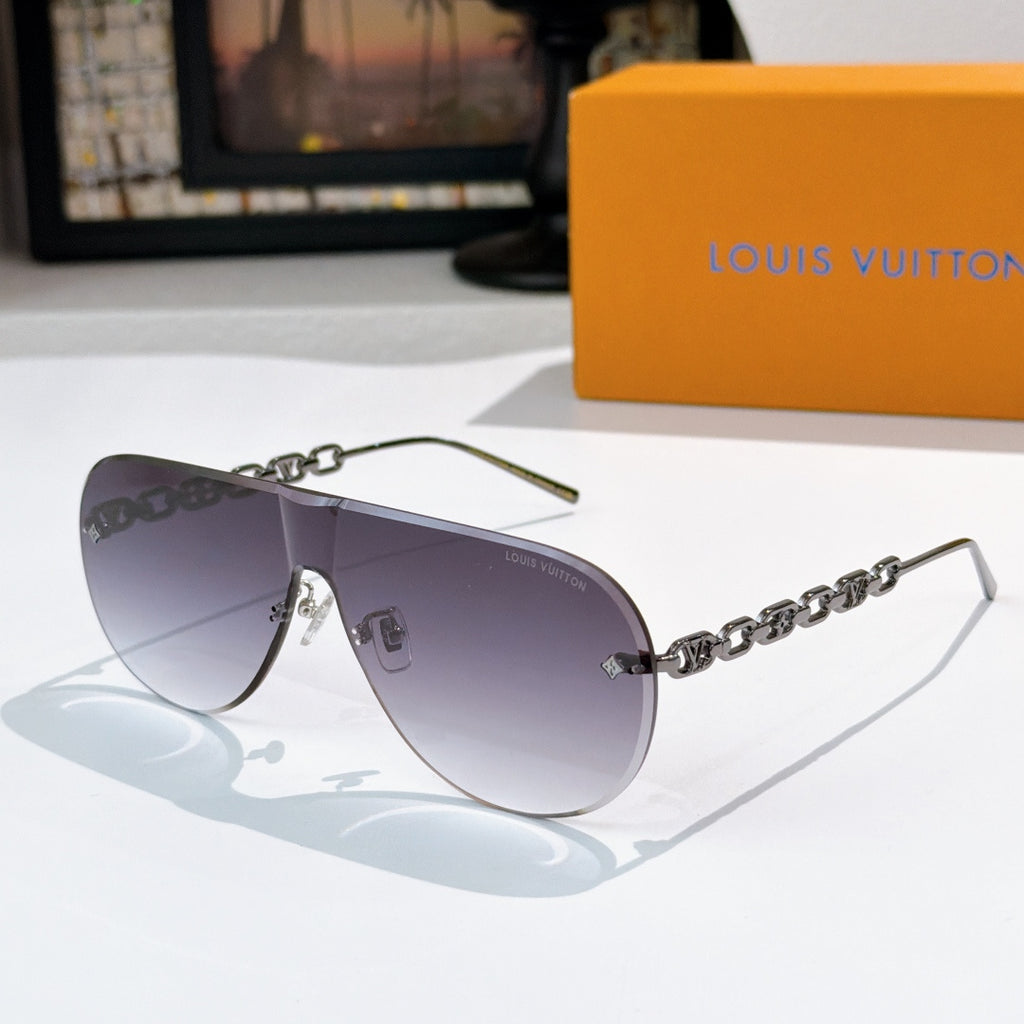 Louis Vuitton sunglasses with gray lenses and black chain arms