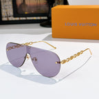 Louis Vuitton sunglasses with purple lenses and gold chain arms