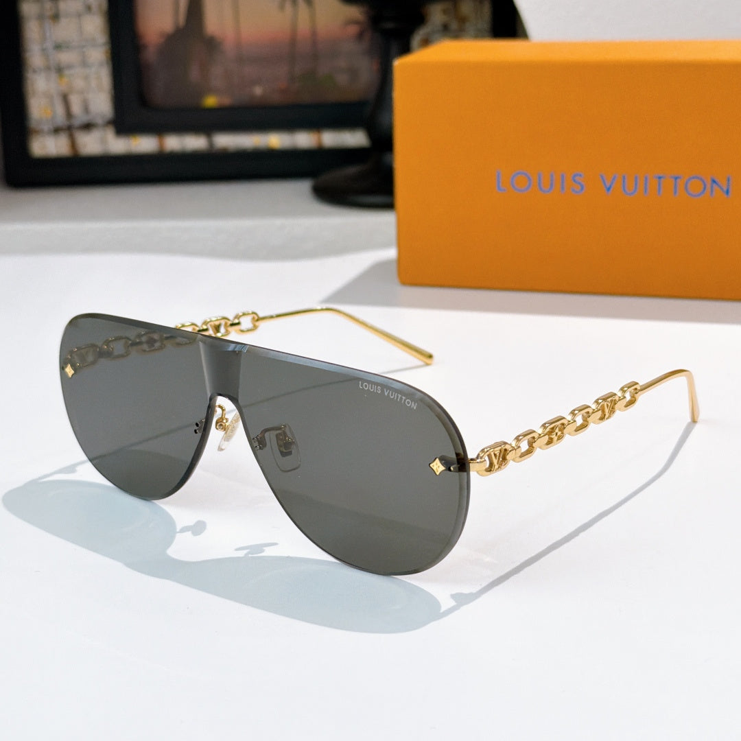 Louis Vuitton sunglasses with dark lenses and gold chain arms