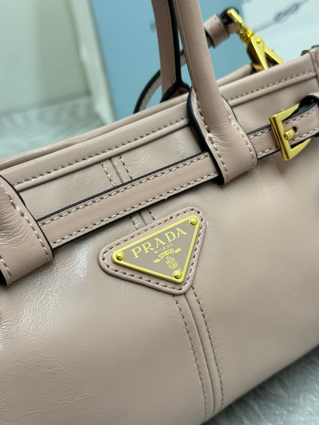 Prada light pink leather bag close-up of logo plate, gold trim, stitched panel