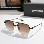 Chrome metal sunglasses with brown tinted lenses and gold-toned frame