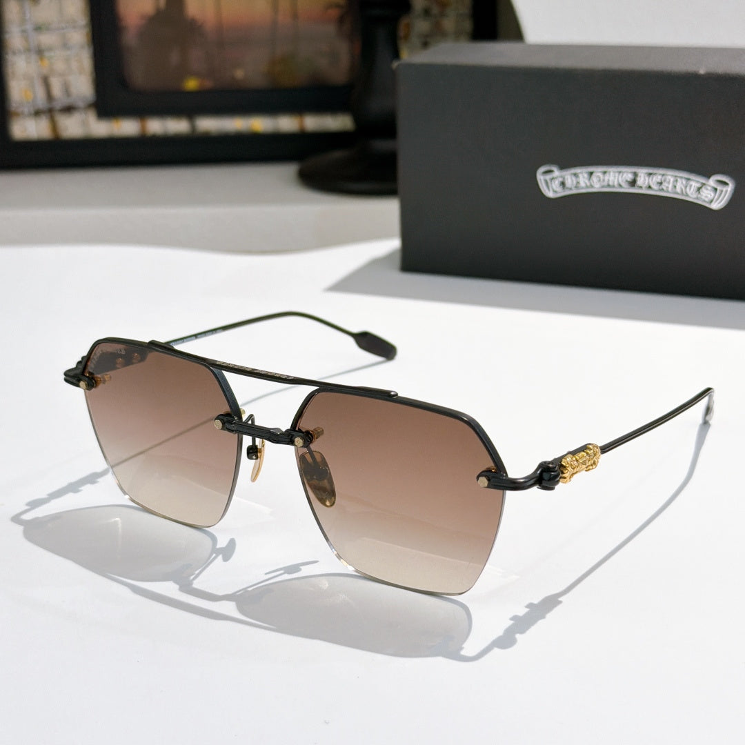 Chrome metal sunglasses with brown tinted lenses and gold-toned frame