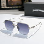 Chrome metal sunglasses with dark blue tinted lenses and silver frame hardware