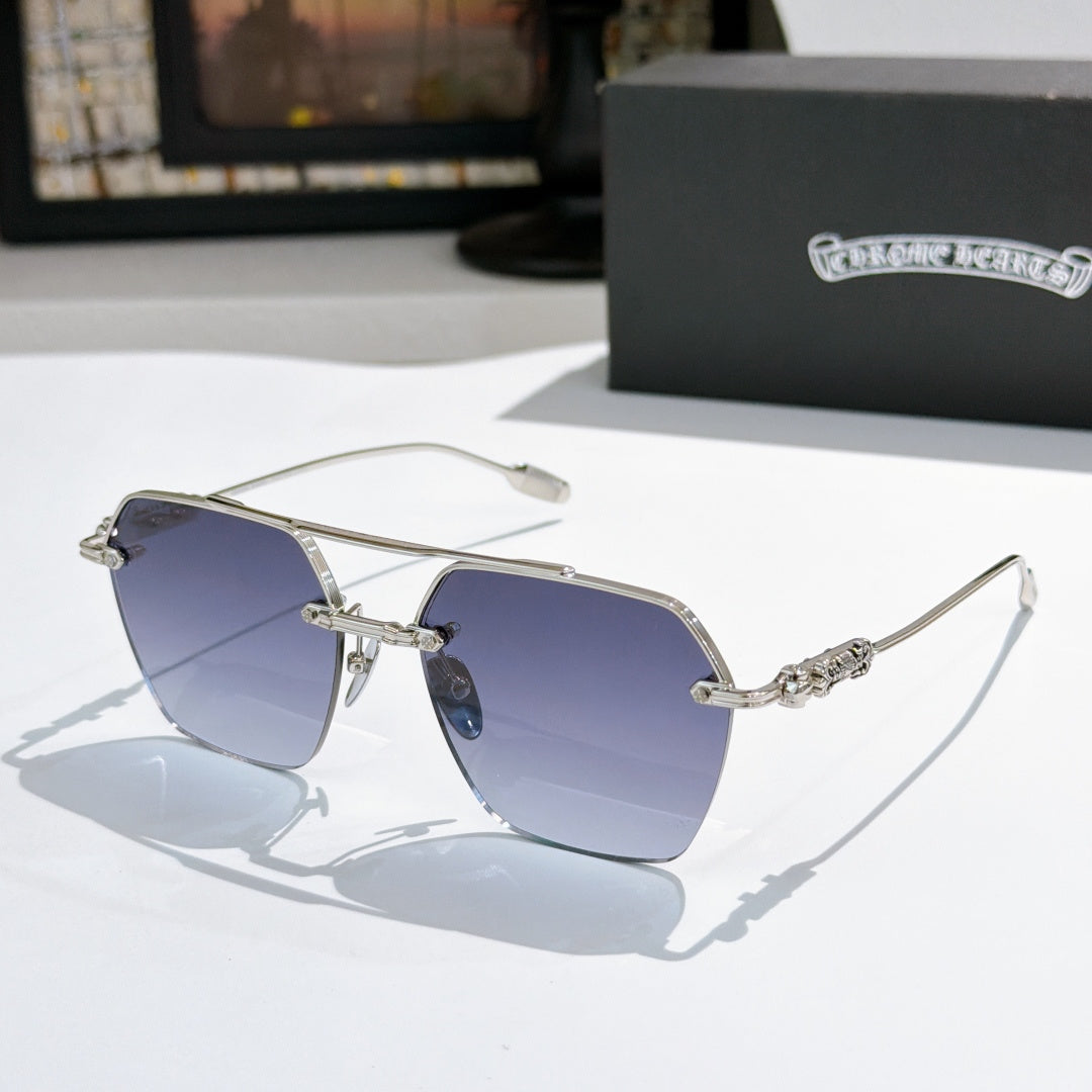 Chrome metal sunglasses with dark blue tinted lenses and silver frame hardware