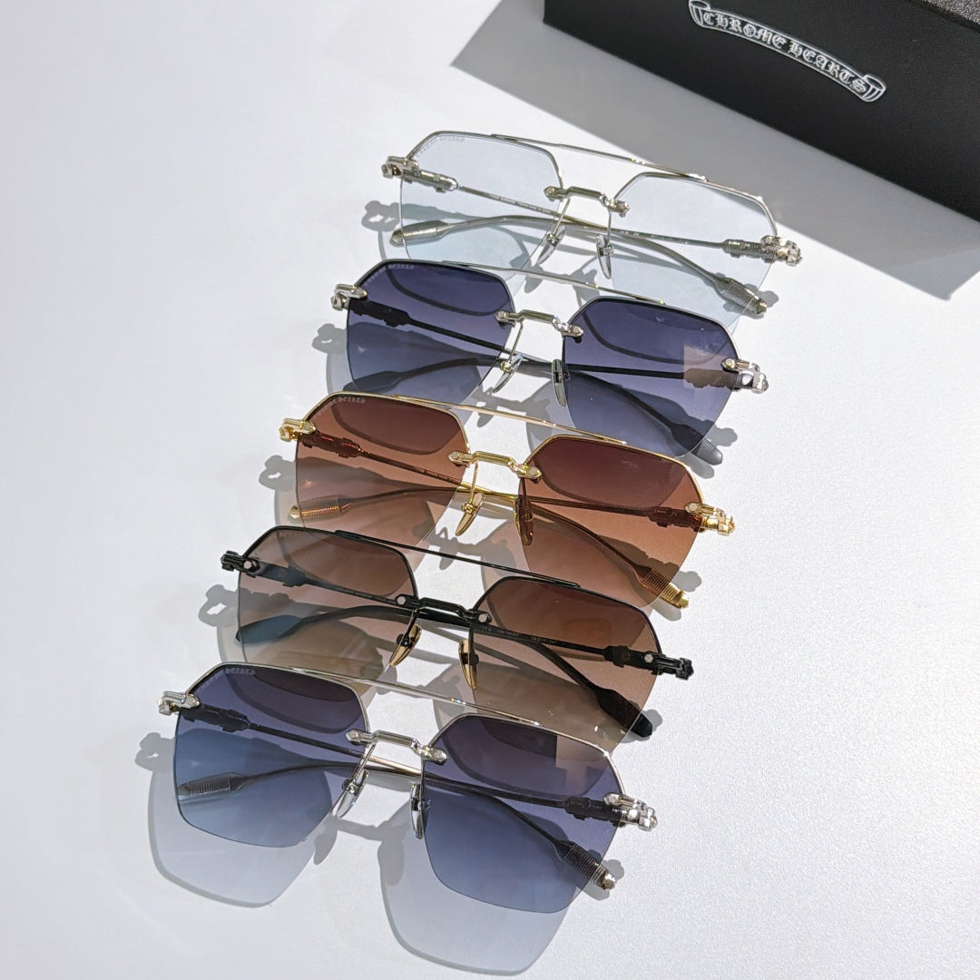 Chrome metal sunglasses set with mixed lens tints, stacked view