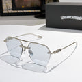 Chrome metal sunglasses with clear lenses and silver arms, side hardware visible