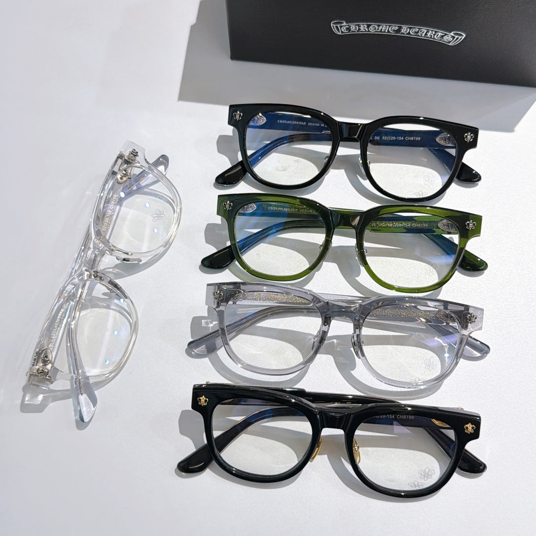 Set of eyeglass frames in blue, green, clear, and black with clear lenses