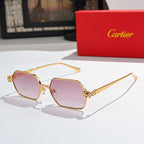 Gold-tone rectangular sunglasses with purple lenses and jeweled temple details