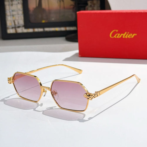 Gold-tone rectangular sunglasses with purple lenses and jeweled temple details