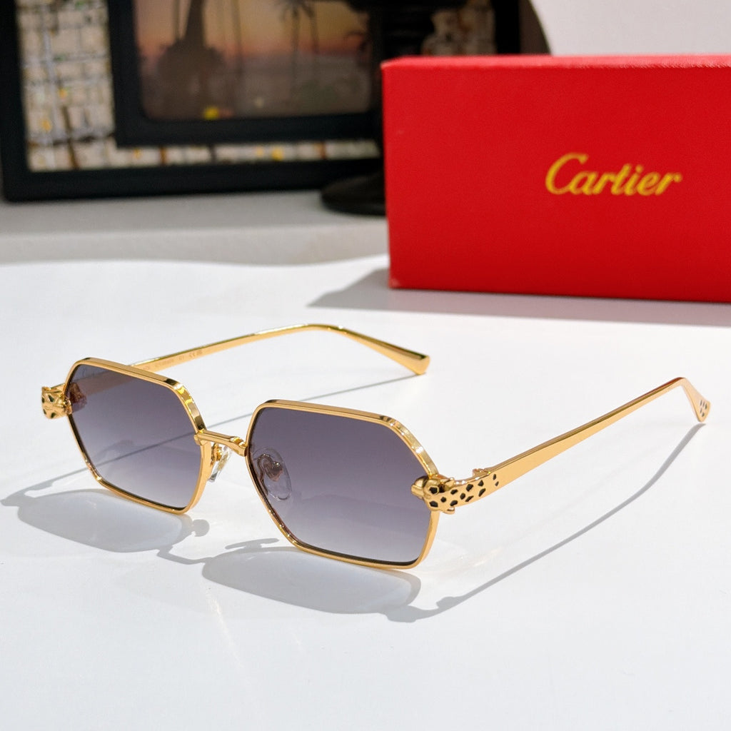 Gold-tone rectangular sunglasses with dark purple lenses and jeweled temple detail