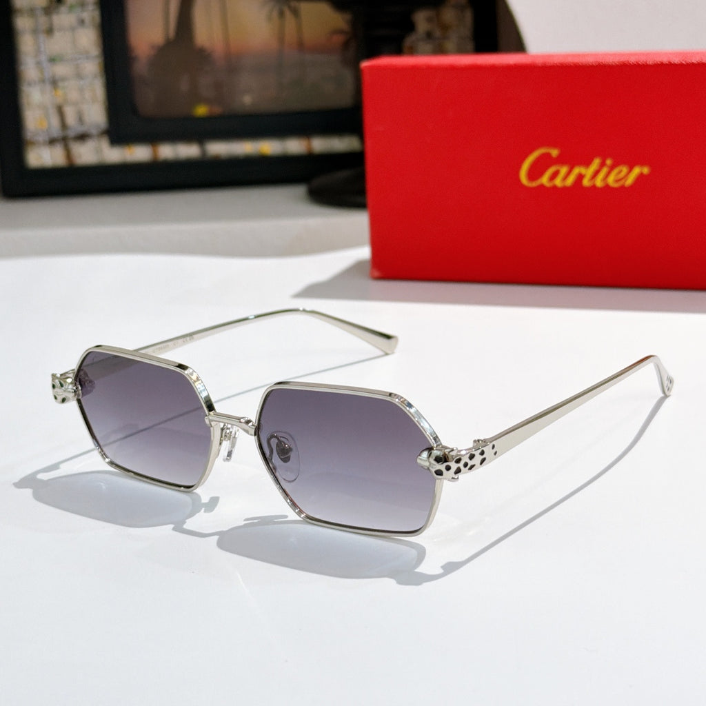 Silver-tone rectangular sunglasses with gray lenses and patterned temple details