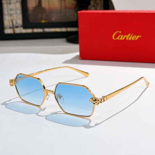 Gold-tone rectangular sunglasses with light blue lenses and jeweled temple details