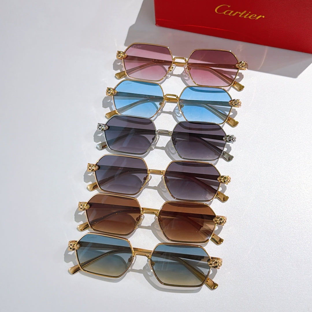 Stacked gold-tone rectangular sunglasses with mixed tinted lenses