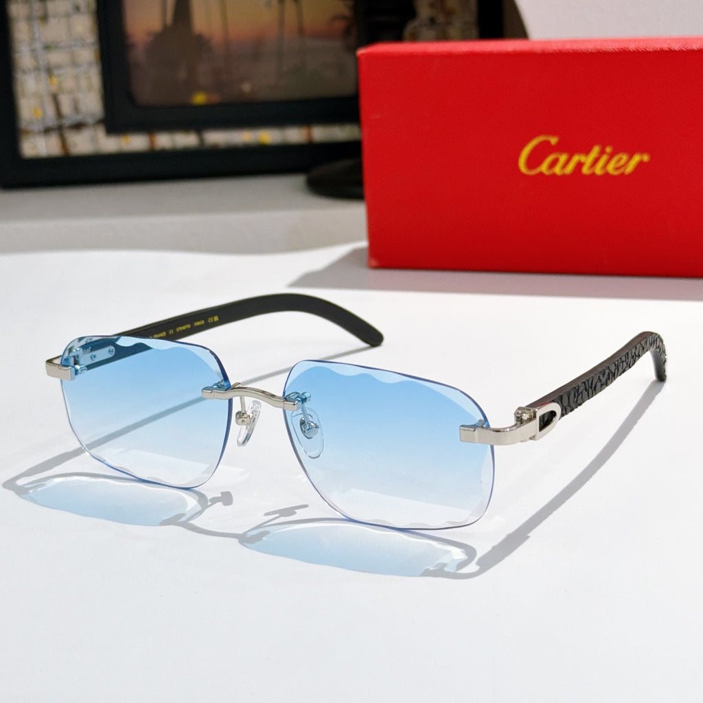 Light blue gradient sunglasses with thin metal frame and patterned temple arms