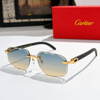 Gold-tone sunglasses with blue gradient lenses and black patterned temples