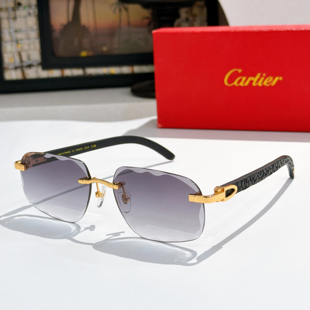 Sunglasses with dark tinted lenses, gold bridge, and black patterned temple arms