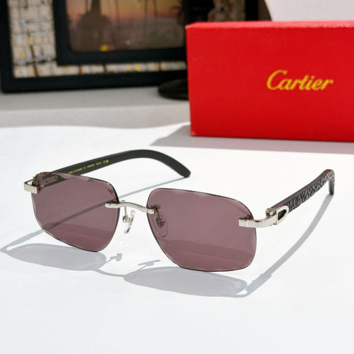 Purple-tinted sunglasses with thin metal frame, dark temples, and gold hinges