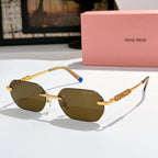 Miu Miu sunglasses with gold frame, dark olive lenses, blue temple tips