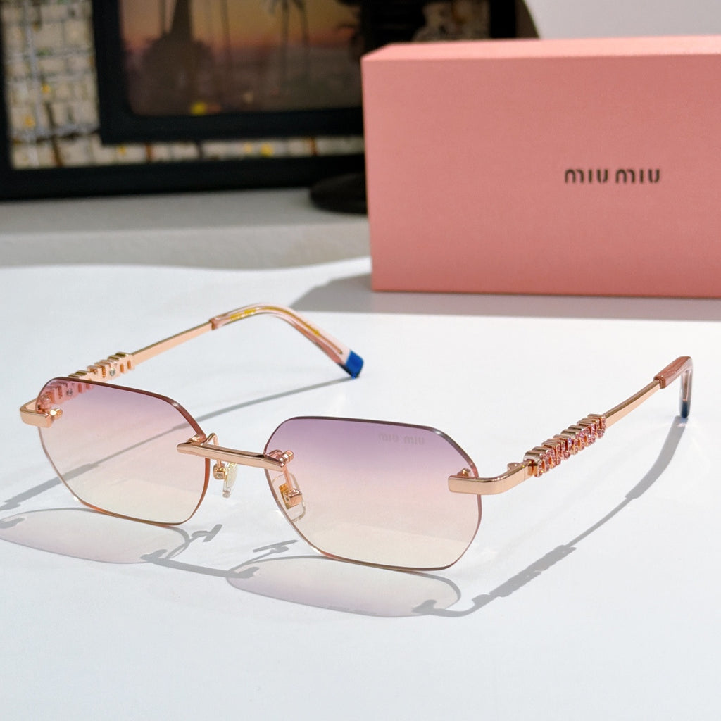 Miu Miu sunglasses with rose-gold frame, pale pink lenses, blue temple tips