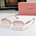 Miu Miu sunglasses with rose-gold frame, pale pink lenses, blue temple tips