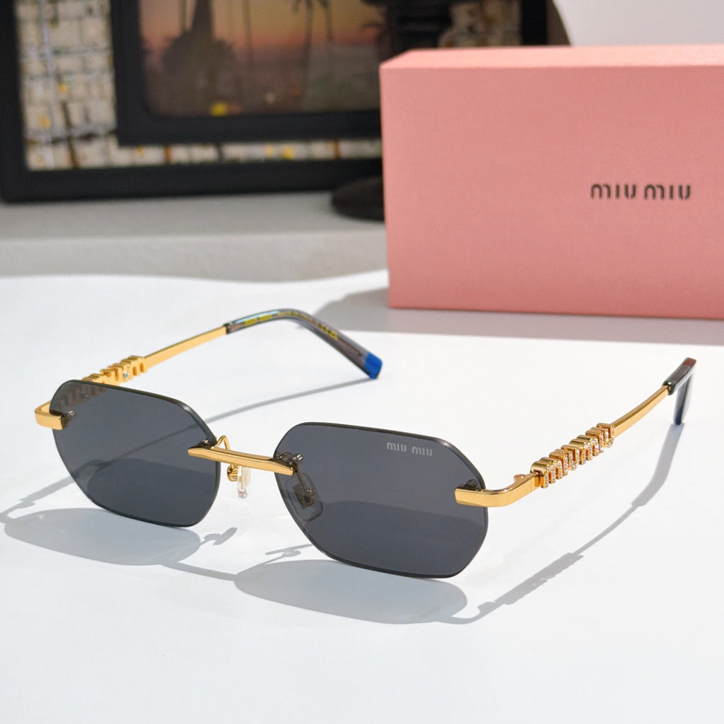 Miu Miu sunglasses with gold frame, dark lenses, blue temple tips