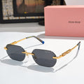Miu Miu sunglasses with gold frame, dark lenses, blue temple tips