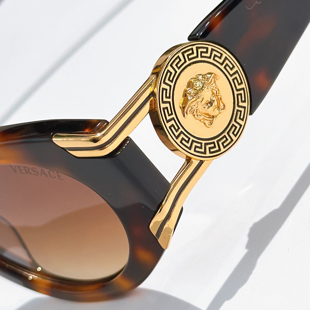 Close-up of tortoiseshell sunglasses with gold emblem temple detail