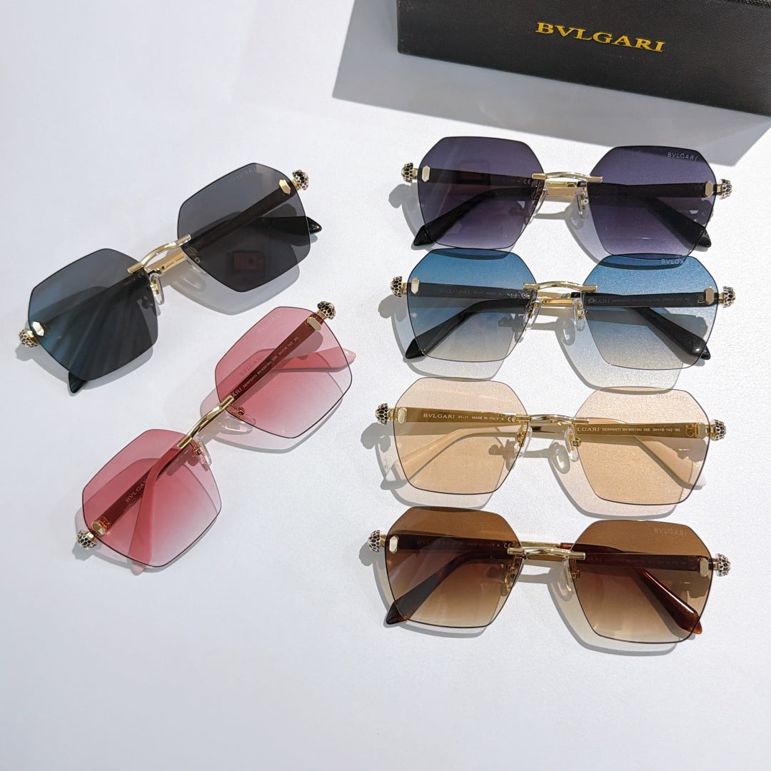 Bvlgari sunglasses set showing multiple lens colors: dark, blue, pink, and tan