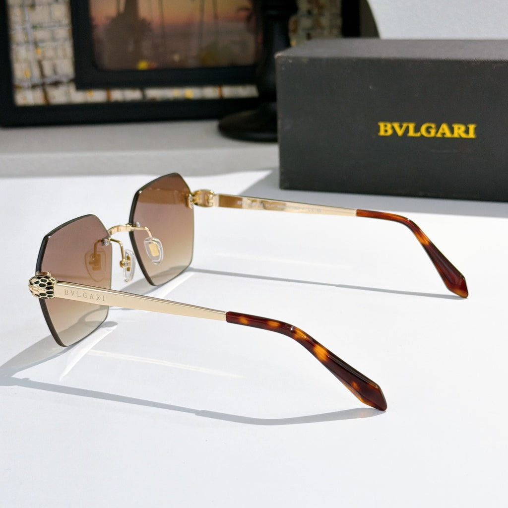 Bvlgari sunglasses side view with brown lenses, gold-tone frame and tortoiseshell temple tips