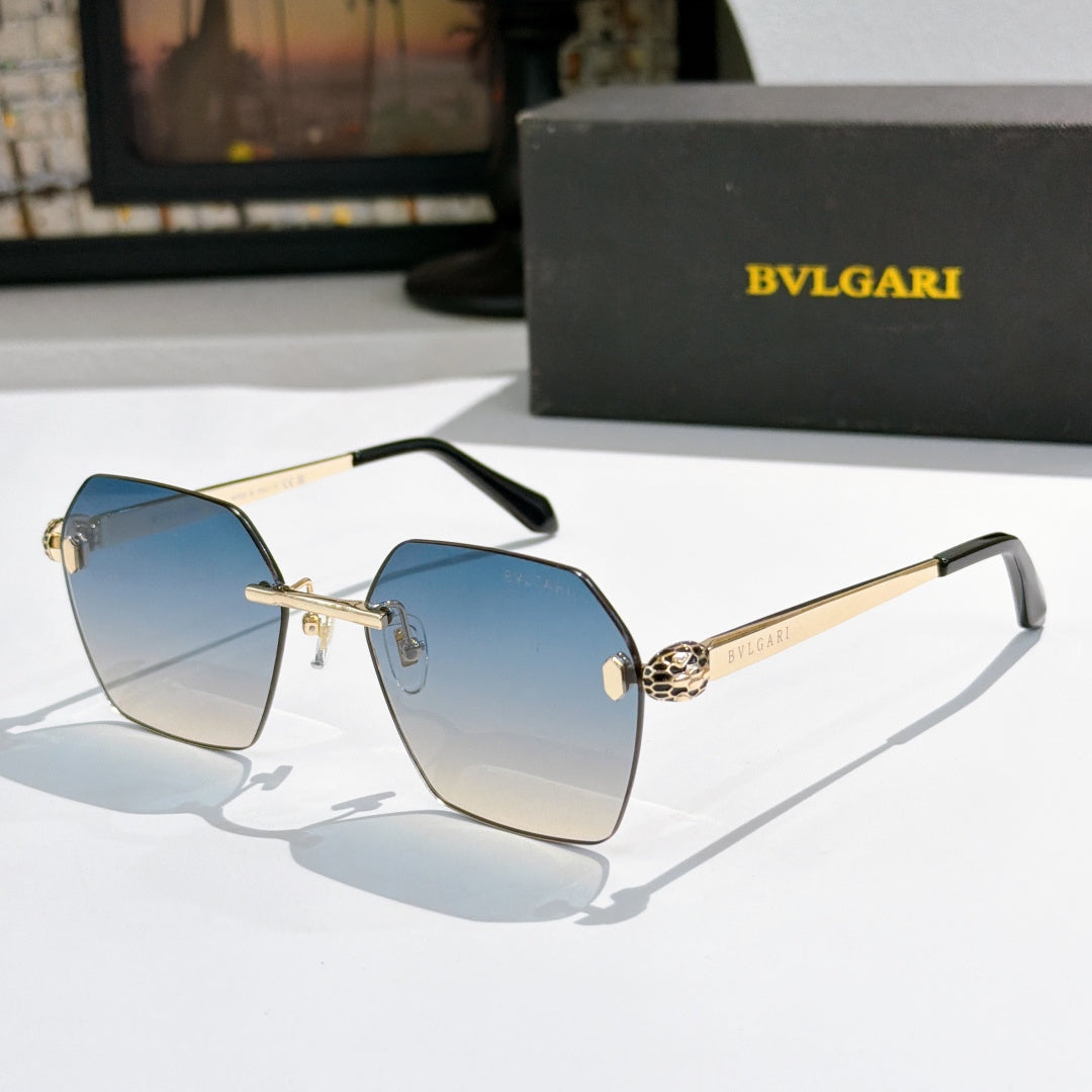 Bvlgari sunglasses with blue lenses, gold-tone frame and black temples