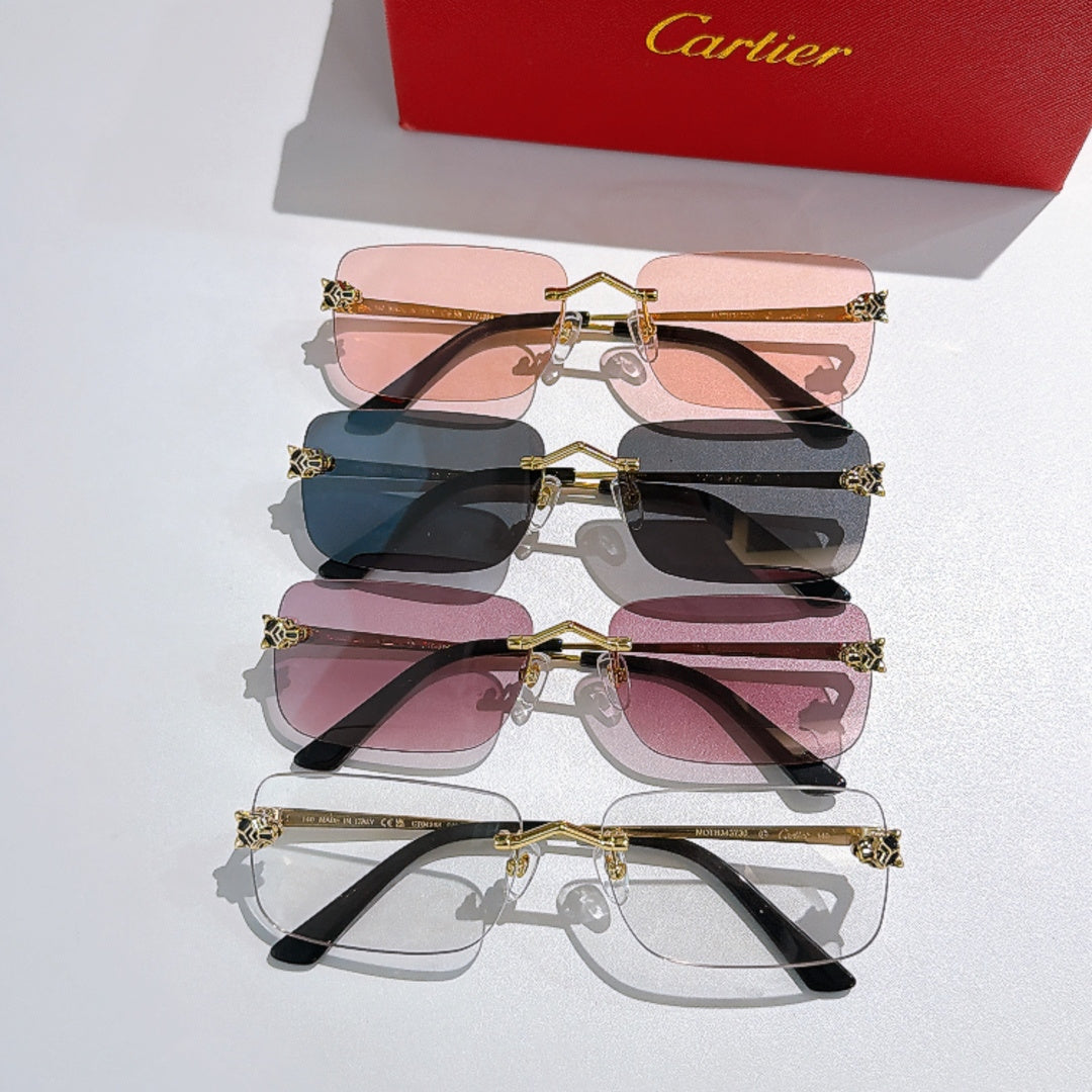 Stacked Cartier glasses with pink, teal, and black tinted lenses