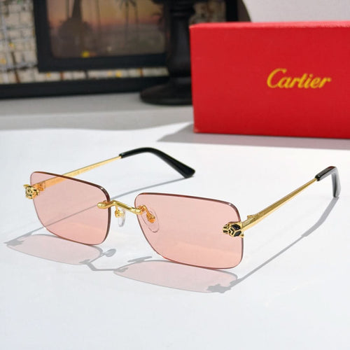 Gold-tone Cartier glasses with pink mirrored lenses and black temple tips