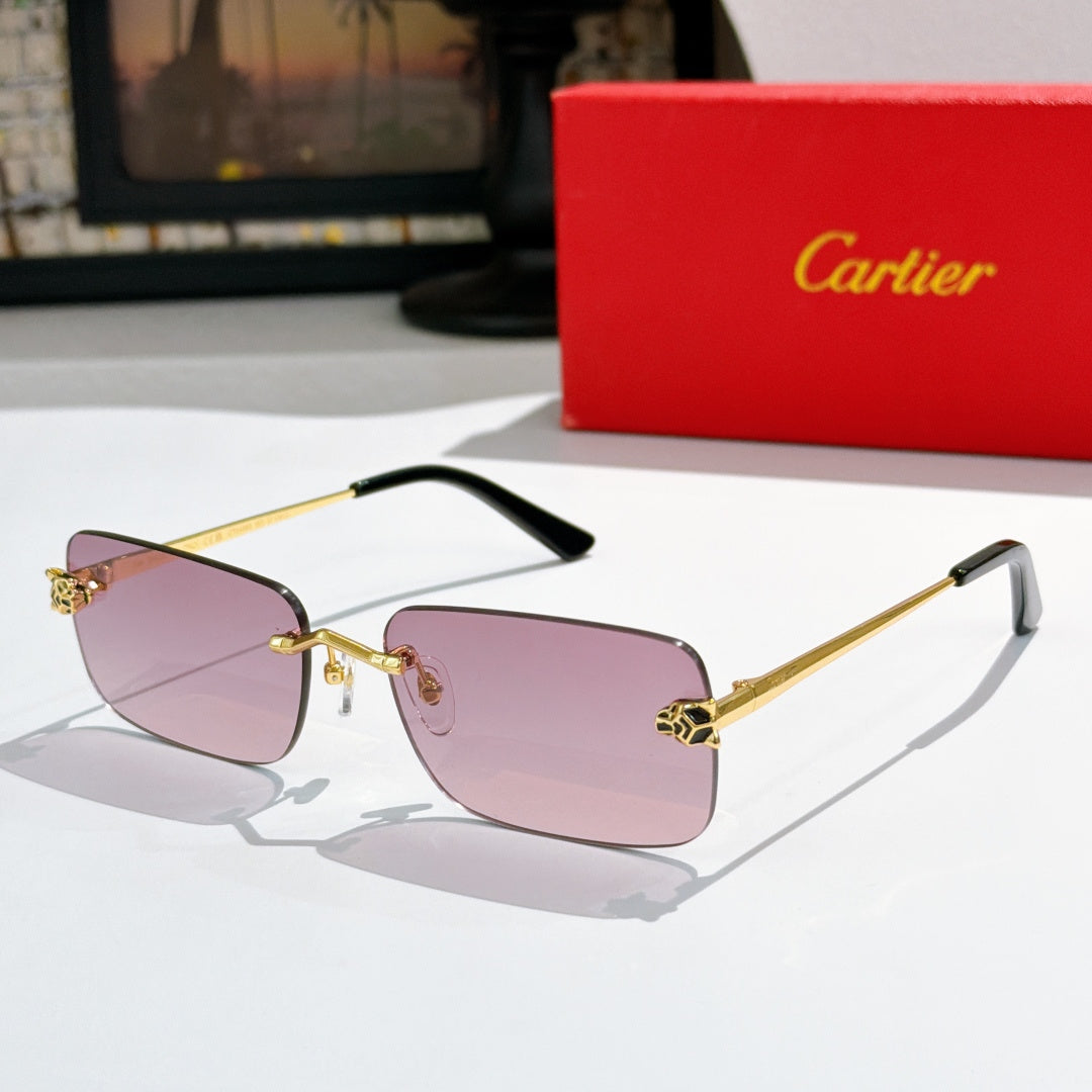 Gold-tone Cartier glasses with purple tinted lenses and black temple tips