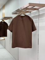Brown crew-neck short-sleeve T-shirt, back view on hanger