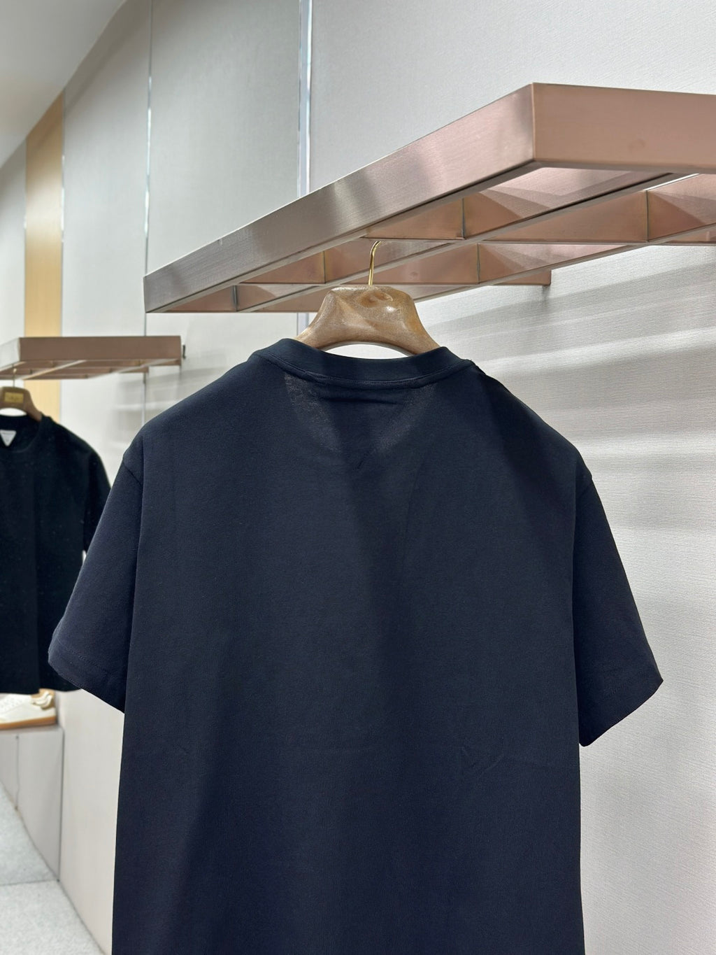 Dark navy crewneck T-shirt back view, short sleeves