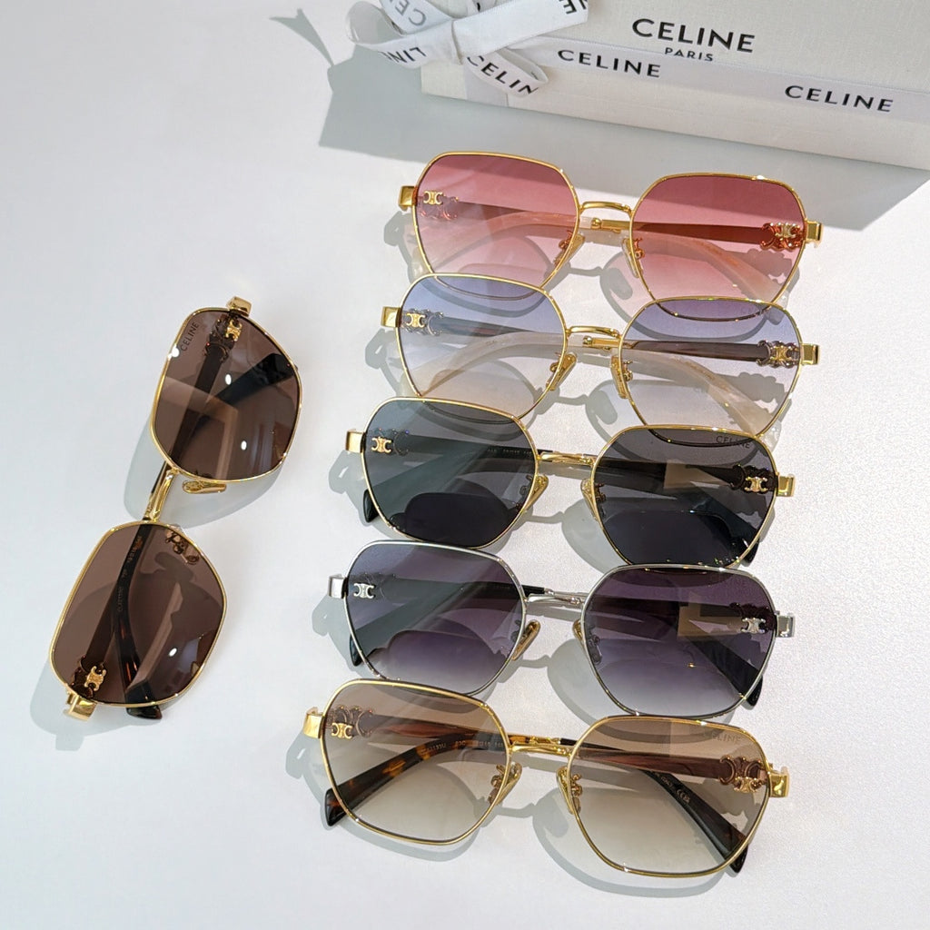 Celine sunglasses assortment with gold frames and various tinted lenses in pink, black, and brown