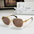 Celine round cat-eye sunglasses with gold frame and rose tinted lenses, tortoise temple