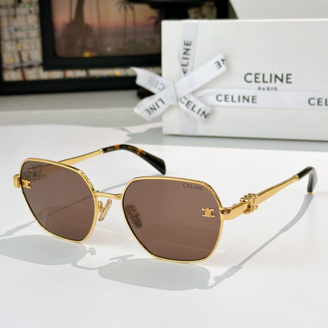 Celine round cat-eye sunglasses with gold frame and rose tinted lenses, tortoise temple