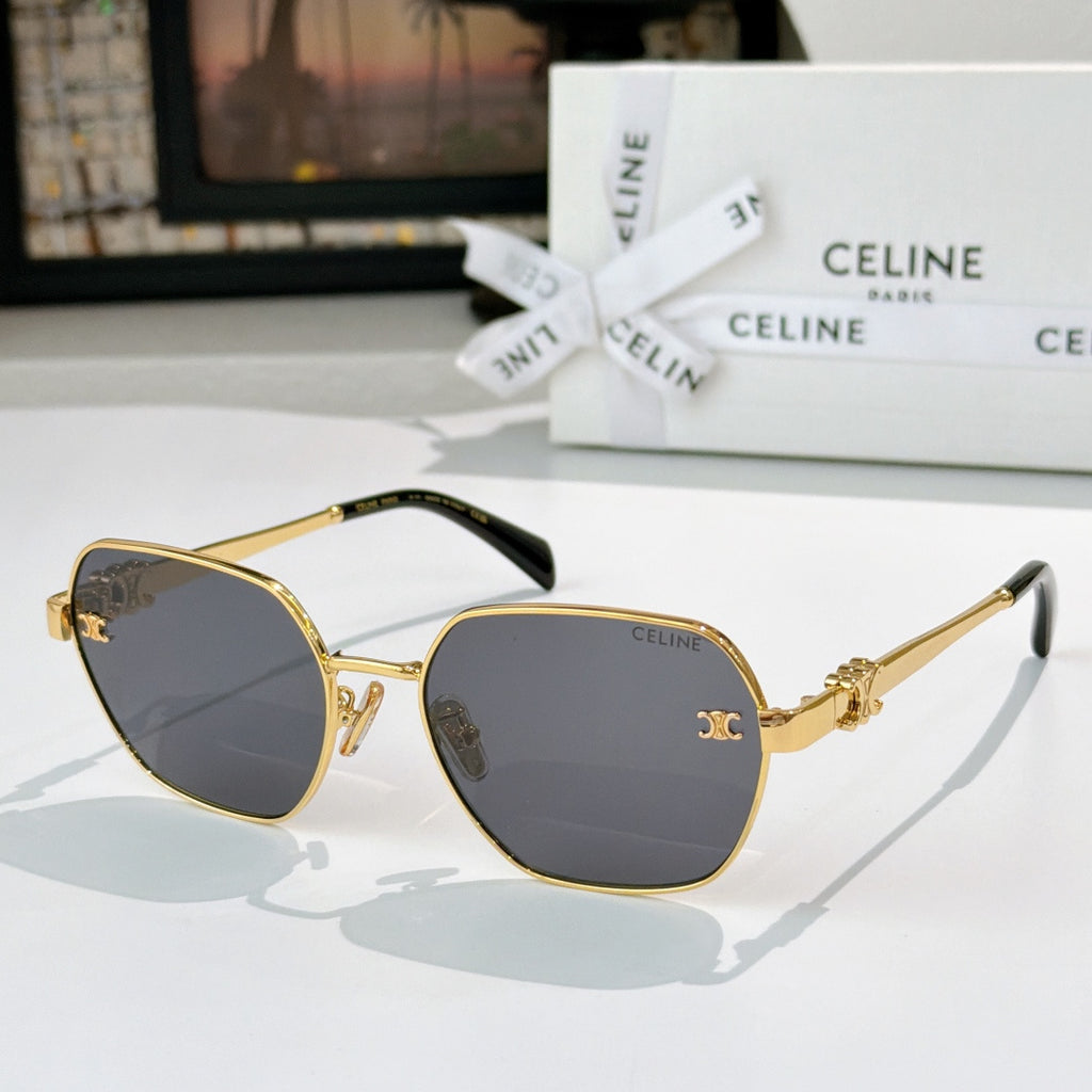 Celine round cat-eye sunglasses with gold frame, dark gray lenses, tortoise temple