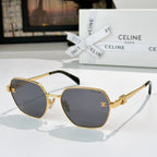 Celine round cat-eye sunglasses with gold frame, dark gray lenses, tortoise temple