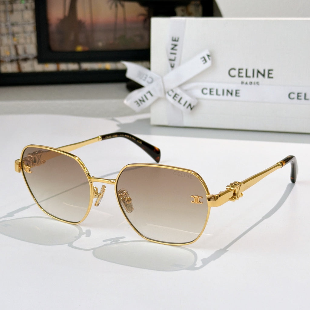 Celine round cat-eye sunglasses with gold frame and light brown gradient lenses, tortoise temple